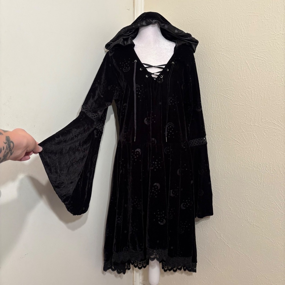 Black Velvet Celestial Moon Star Hooded Dress Bell Sleeve Whimsigoth Witchy XL